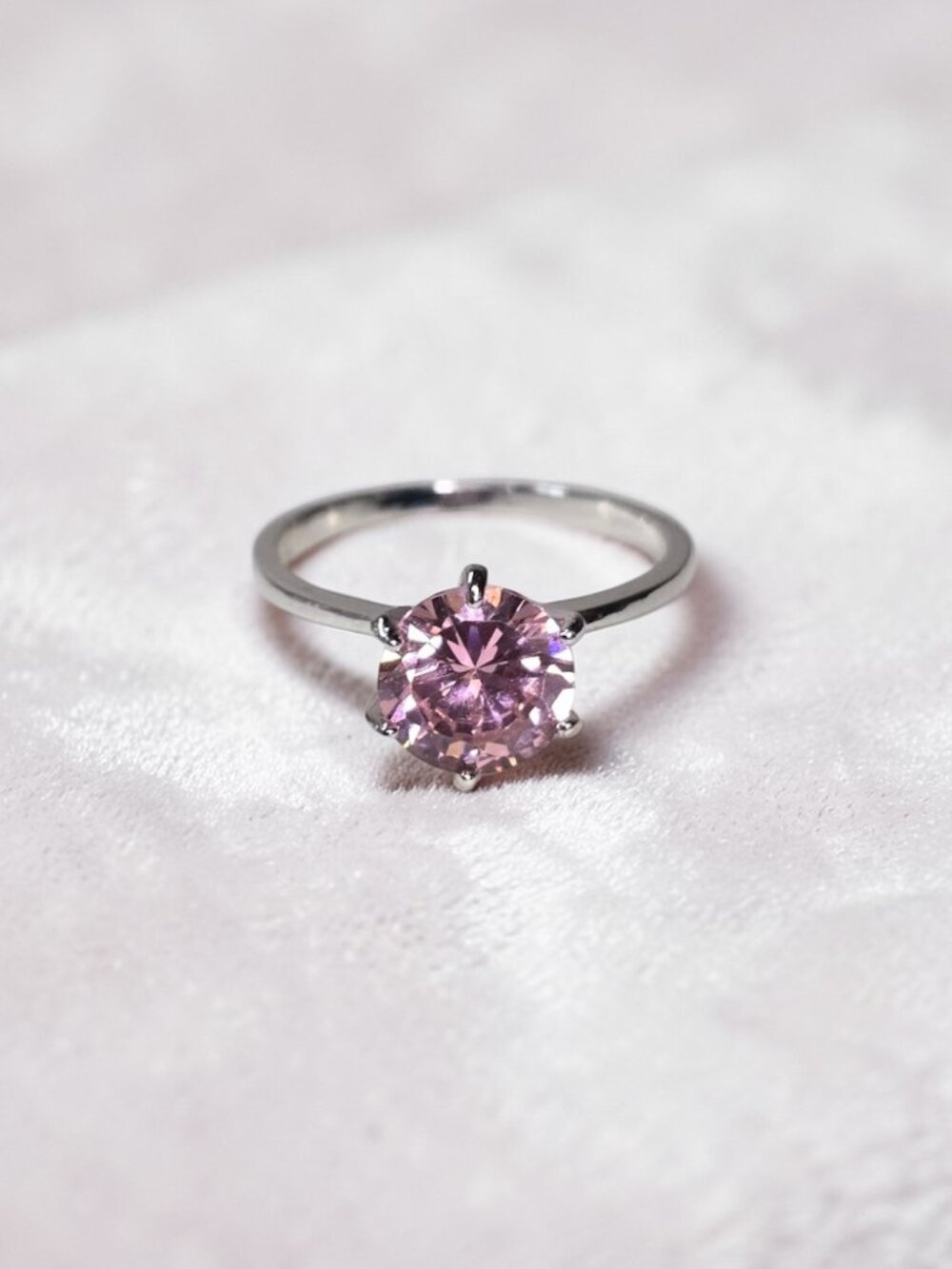 Classic Pink Cubic Zirconia Solitaire with Silver Tone Setting Size 7 NWOT